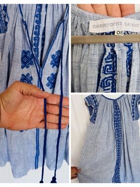 Christophe Sauvat Light Blue Embroidered Peasant Tunic Top